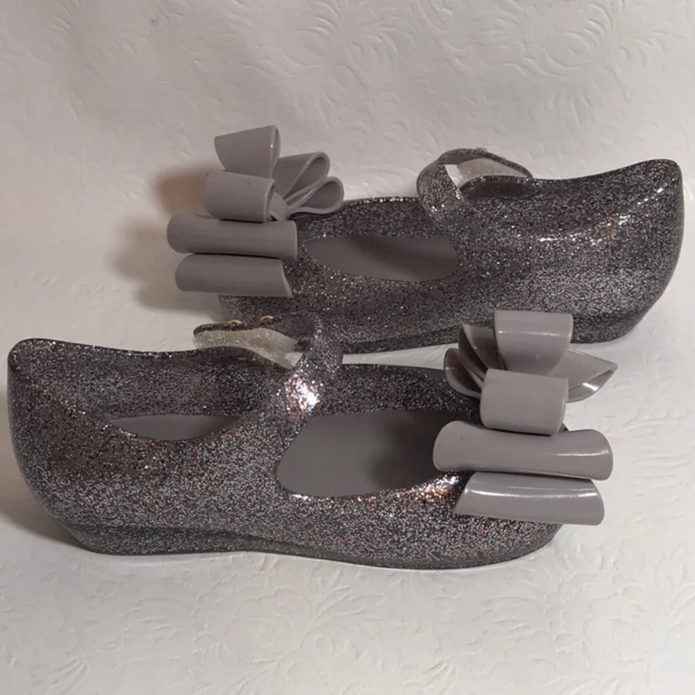 Mini Melissa Ultragirl Glittery Triple Bow Silver Jelly Shoes Size 7